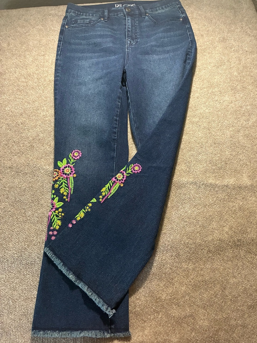 DG2 by Diane Gilman Dark Blue Wide-Leg Jeans with Neon Floral Embroidery